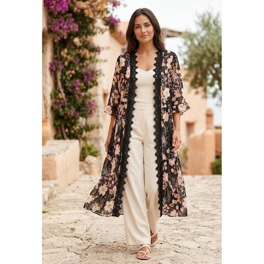 Self Esteem Floral Duster Kimono Black Pink Crochet Lace Trim Sheer Maxi Medium